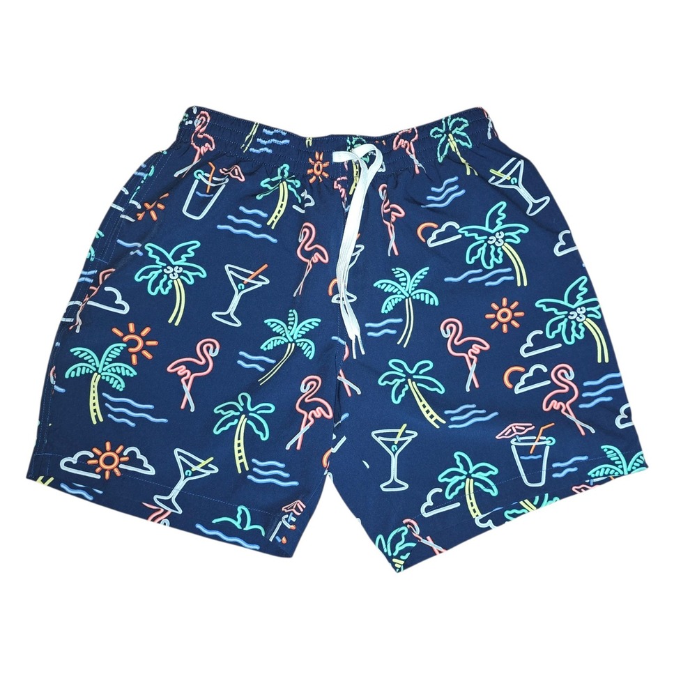 Chubbies Mens Navy Neon Flamingo Palm Tree Tropical Swim Trunks 7 Inch Inseam M